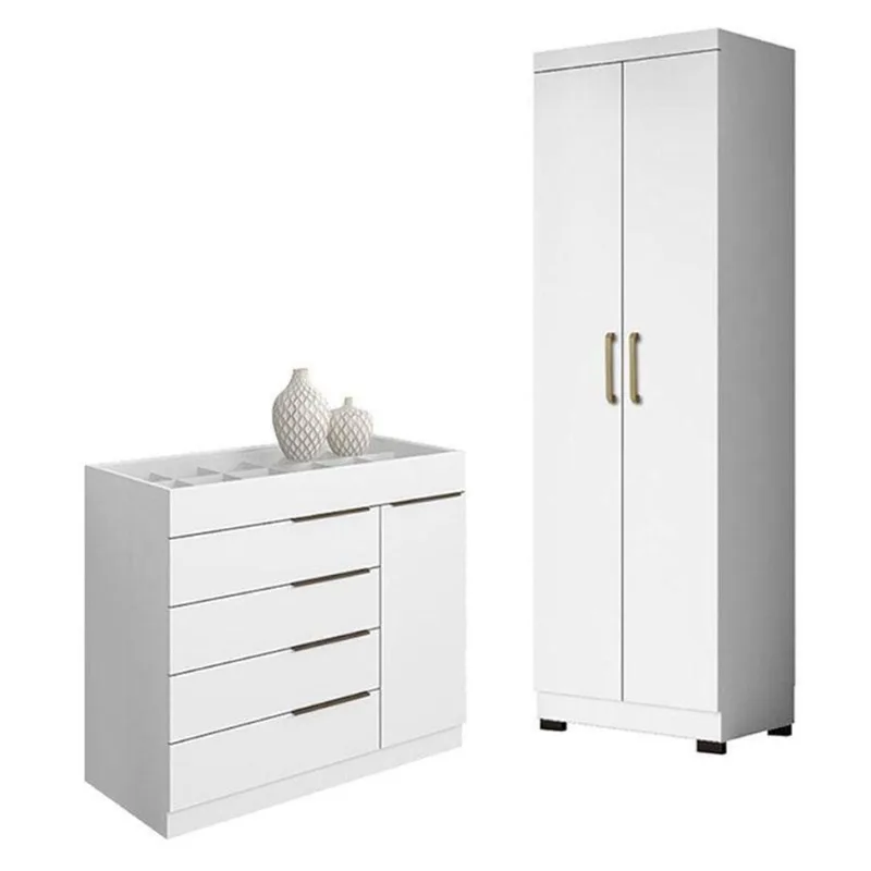 Cômoda Sapateira Sevilha 2004147 E Armário Multiuso 2000191 Branco Tx Com Pés Preto - Aramóveis