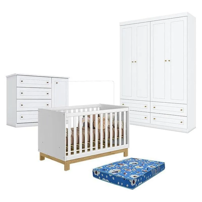 Quarto De Bebê Q Encanto Slim 4 Portas 4 Gavetas MDF Branco Acetinado Qmovi
