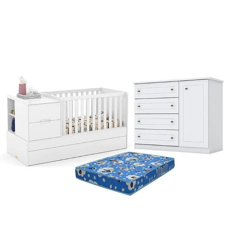 Kit Berço Multifuncional Formare com Cômoda MDF Colchão Incluso Branco Matic Móveis
