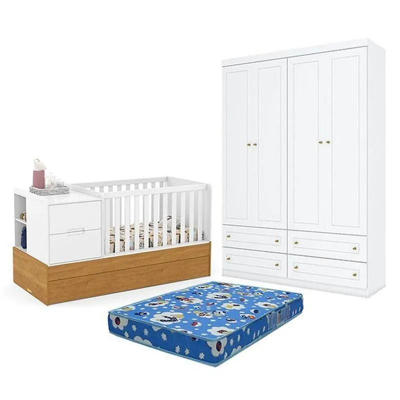 Kit Berço E Guarda Roupa Formare 4 Portas 4 Gavetas MDF Branco Matic Móveis