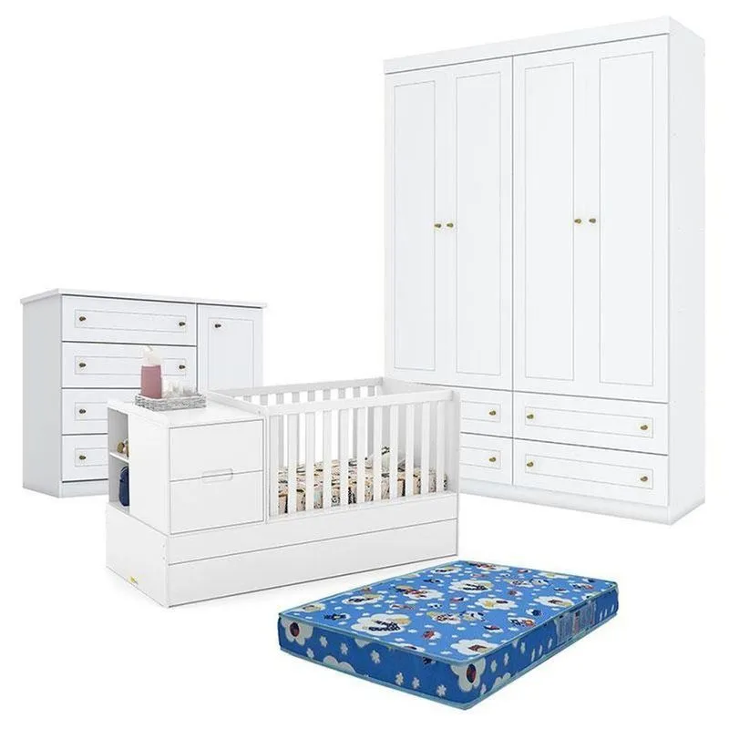 Kit Quarto Bebê Berço Multifuncional Formare MDF Colchão Incluso Branco Matic Móveis