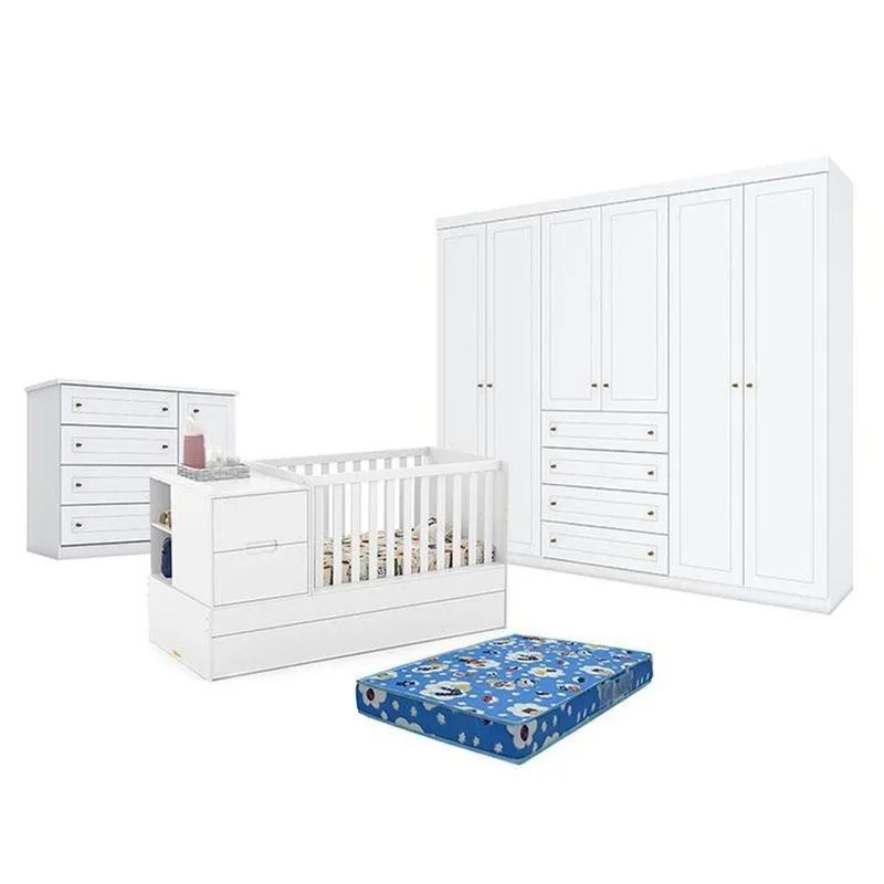 Quarto De Bebê Americano Com Berço Multifuncional Formare Mdf Colchão Incluso Branco Acetinado Matic