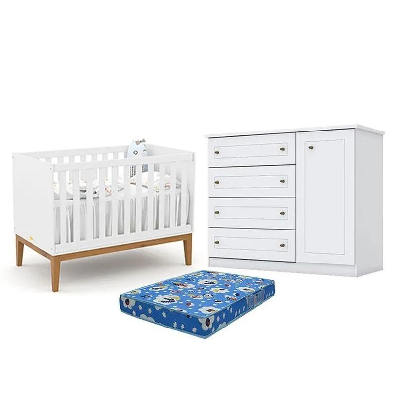 Berço Americano Unique Branco Soft Eco Wood - Matice Cômoda Infantil Americano Branco Hp E Colchão Tendtudo - Henn