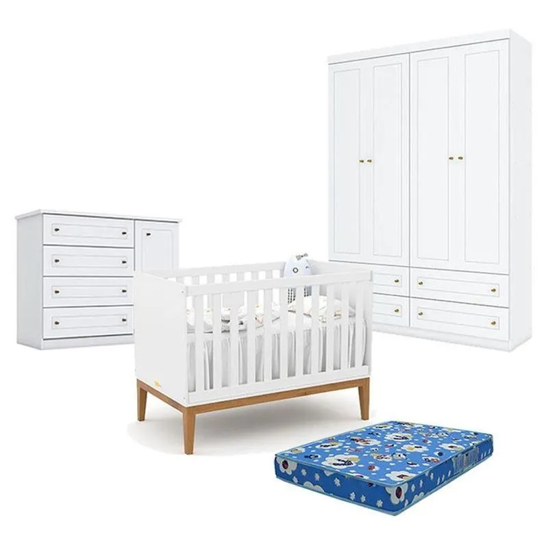 Quarto De Bebê Americano 4 Portas Comberço Americano Unique Branco Soft Eco Wood - Matic- Henn E Colchão Tendtudo