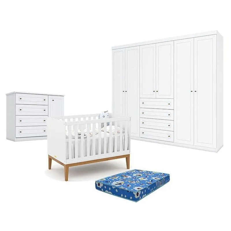 Quarto De Bebê Americano 6 Portas Comberço Americano Unique Branco Soft Eco Wood - Matic- Henn E Colchão Tendtudo
