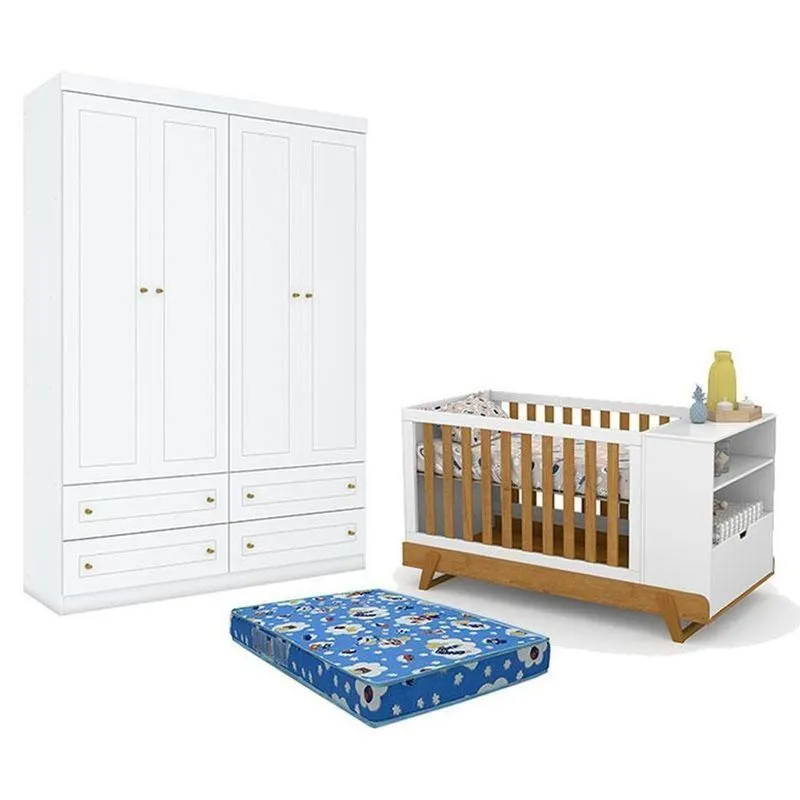 Kit Berço Multifuncional Bkids Mdf Colchão Incluso Branco Matic Móveis