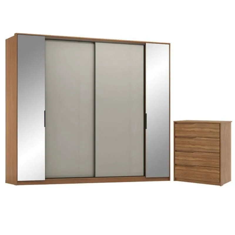 Guarda Roupa Casal Laredo Amêndola Touch Nude Prime Flex com Cômoda Átria 4 Gavetas Nogueira Touch Demóbile - Demartêz
