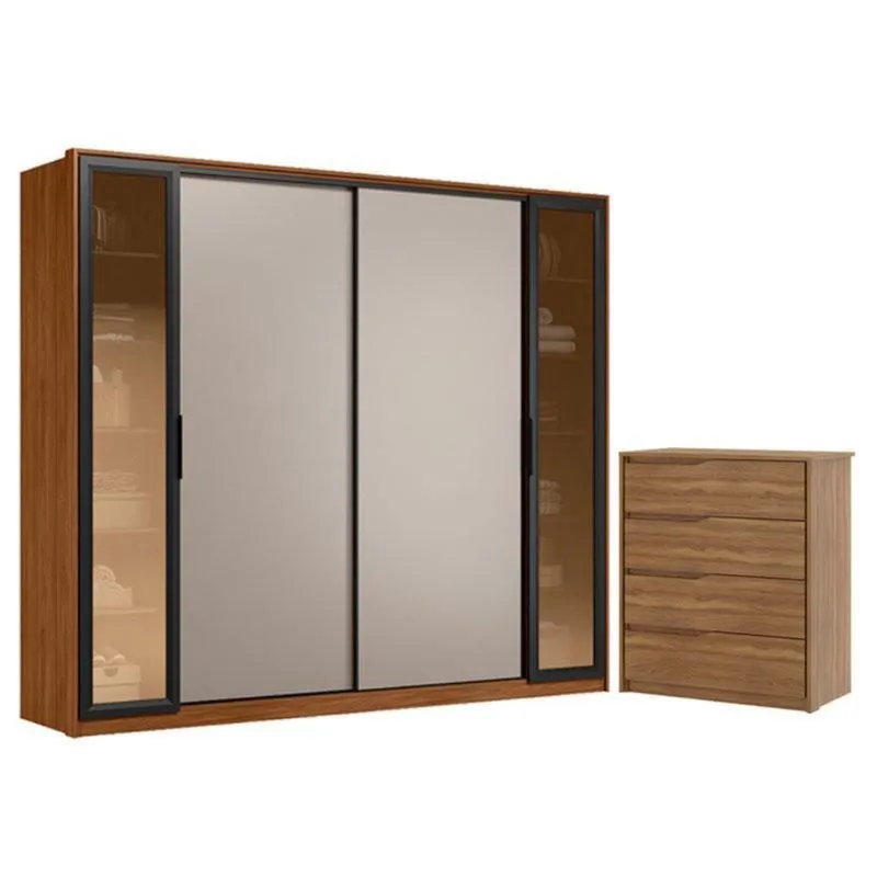 Guarda Roupa Casal Laredo Nogueira Nude Prime TX Flex com Vidro Reflecta e Cômoda Átria 4 Gavetas Nogueira Touch Demóbile - Demartêz