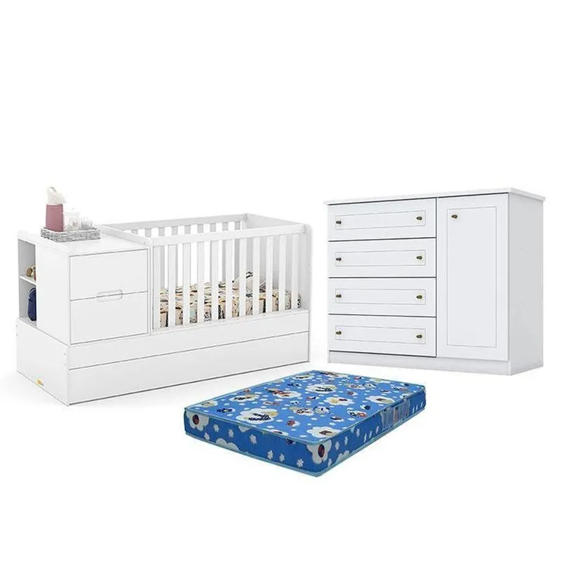 Kit Berço Multifuncional Formare MDF Colchão Incluso Branco Freijó Matic Móveis