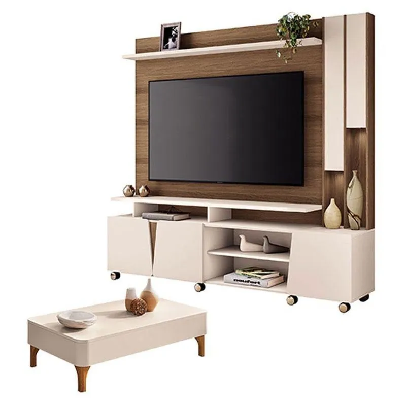 Estante Home Theater Virtus Castanho Off White Com Mesa De Centro Liz Off White - Hb Móveis