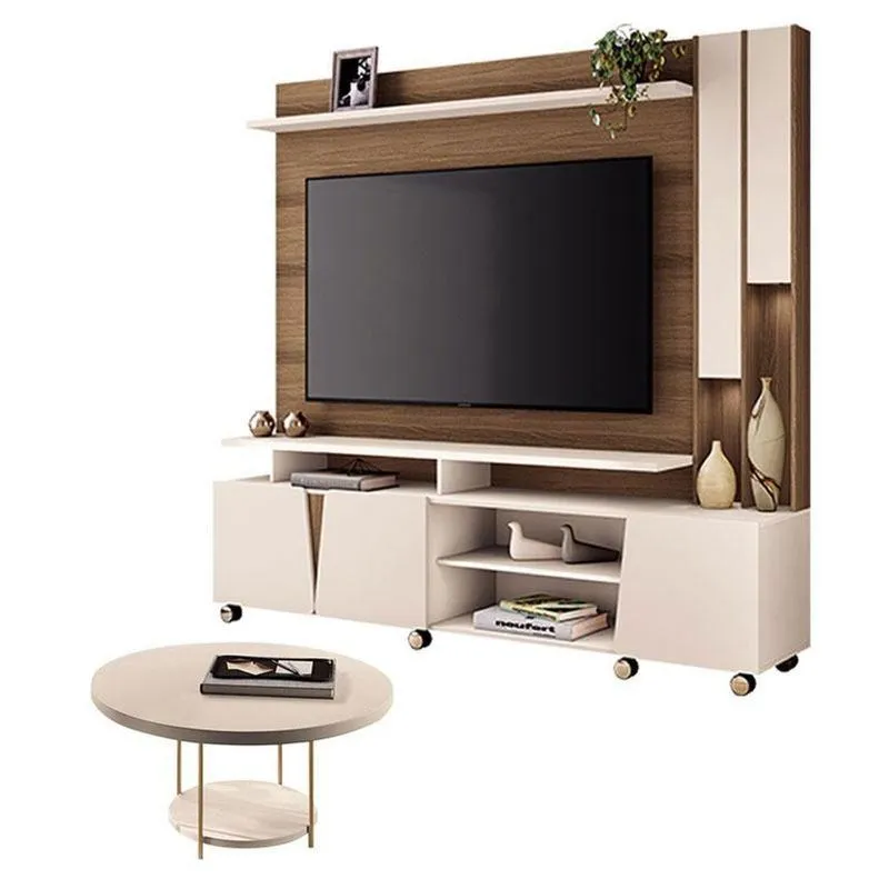 Estante Home Theater Virtus Castanho Off White Com Mesa De Centro Sky Off White - Hb Móveis