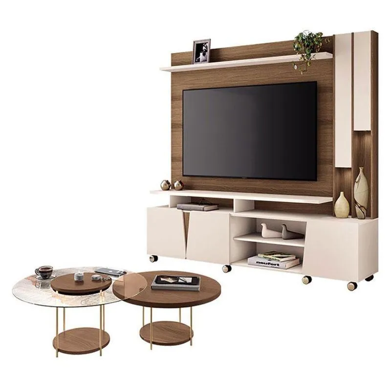 Estante Home Theater Virtus Castanho Off White Com Kit Mesa De Centro Sky Castanho - Hb Móveis