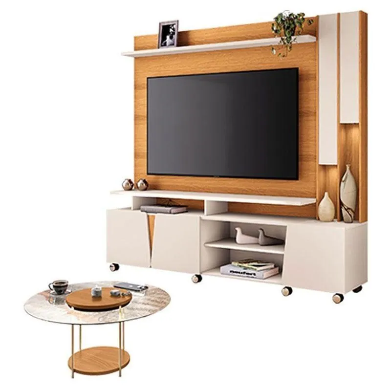Estante Home Theater Virtus Cinamomo Off White Com Mesa De Centro Sky Com Tampo De Vidro Cinamomo - Hb Móveis