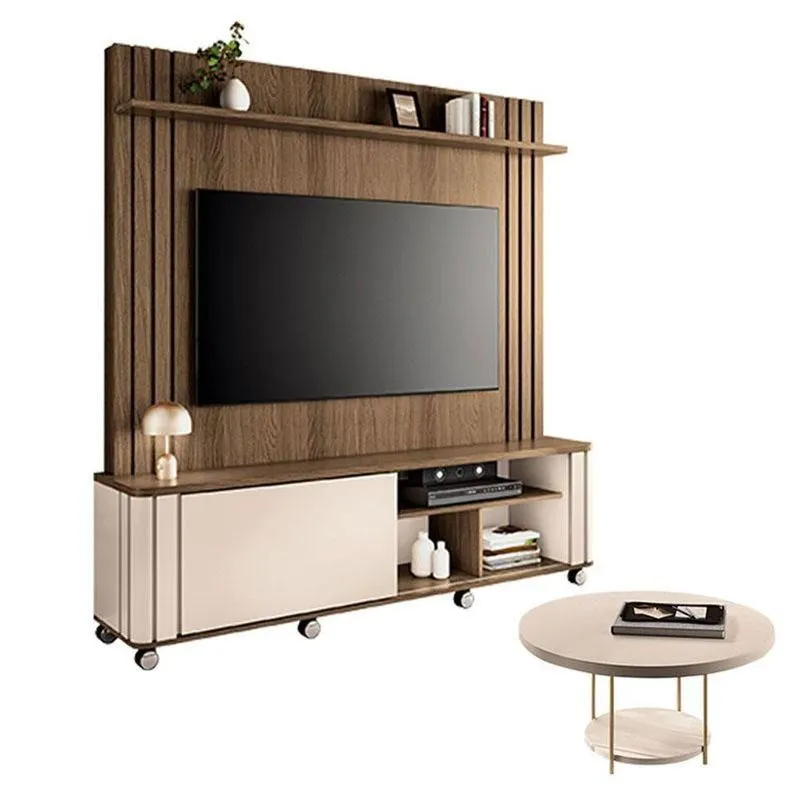 Estante Home Theater Trinus Castanho Off White Com Mesa De Centro Sky Off White - Hb Móveis