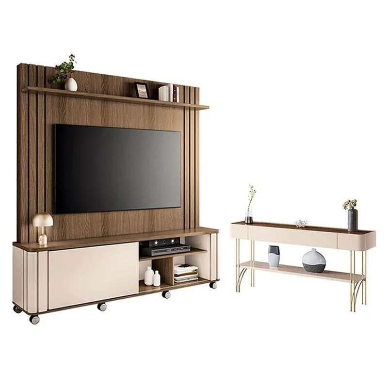 Estante Home Theater Trinus Castanho Off White Com Aparador Vivant Off White Castanho - Hb Móveis