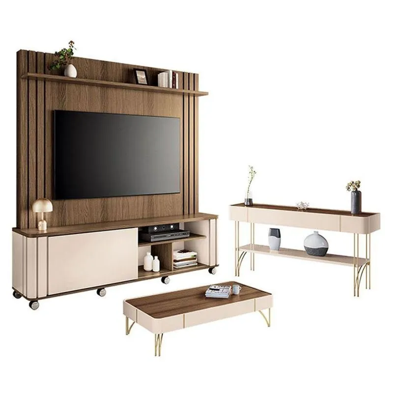 Estante Home Theater Trinus Com Mesa De Centro Cadenza E Aparador Vivant Castanho Off White - Hb Móveis