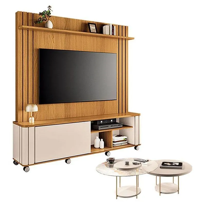 Estante Home Theater Trinus Cinamomo Off White Com Kit Mesa De Centro Sky Off White - Hb Móveis