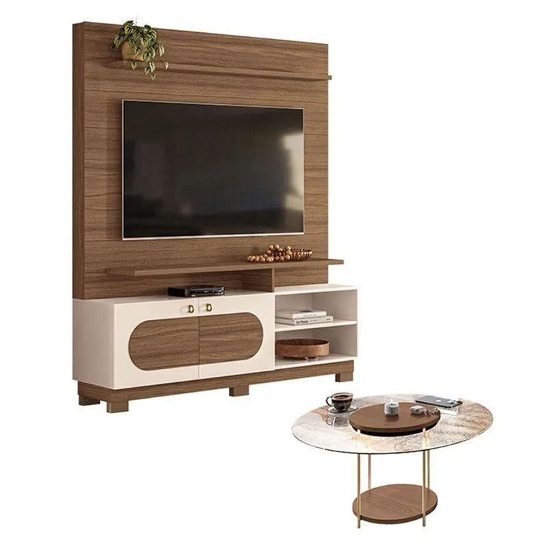 Estante Home Theater Axis Castanho Off White Com Mesa De Centro Sky Com Tampo De Vidro Castanho - Hb Móveis