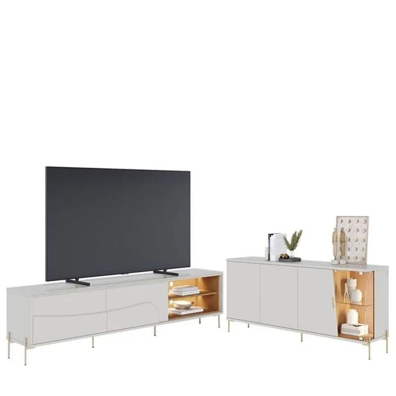 Rack Bancada Amalfi Com Pés Em Metal E Aparador Buffet Sena Com Led Off White Matte Freijó - Colibri