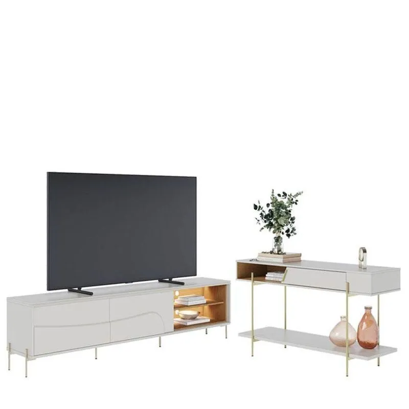 Rack Bancada Amalfi Com Pés Em Metal E Aparador Para Sala Sena Off White Matte Freijó - Colibri