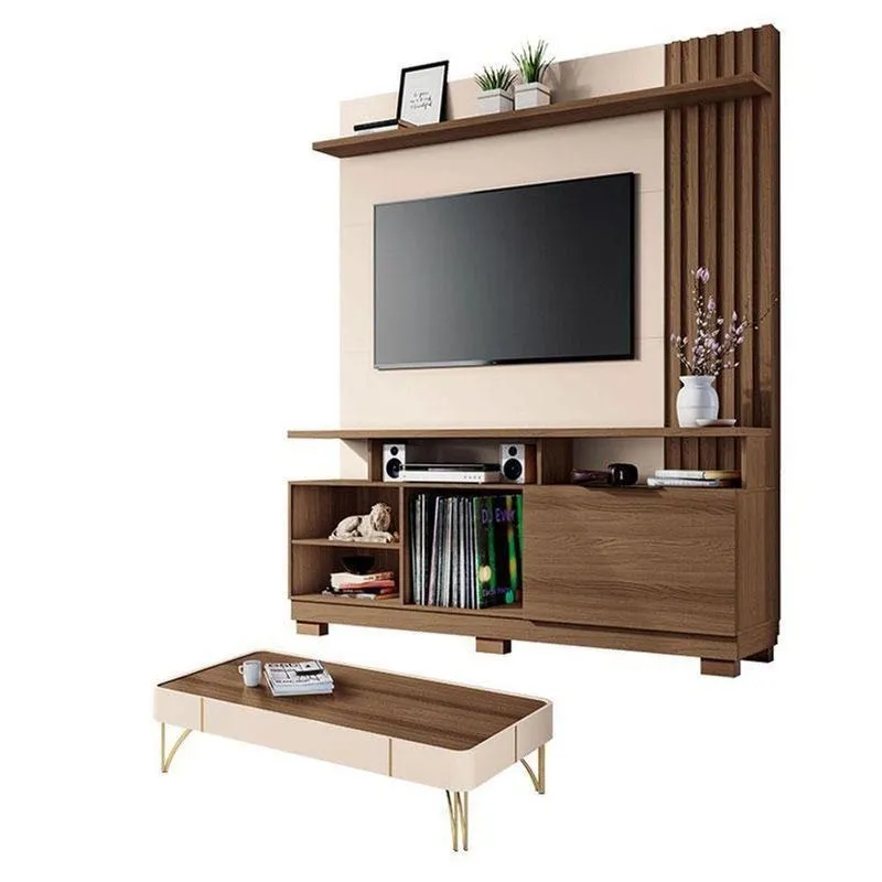Estante Home Theater Artheo Castanho Off White Com Mesa De Centro Cadenza Off White Castanho - Hb Móveis
