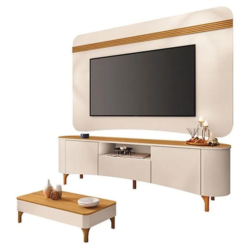 Rack Bancada Elara E Painel Armony Com Mesa De Centro Liz Off White Cinamomo - Hb Móveis