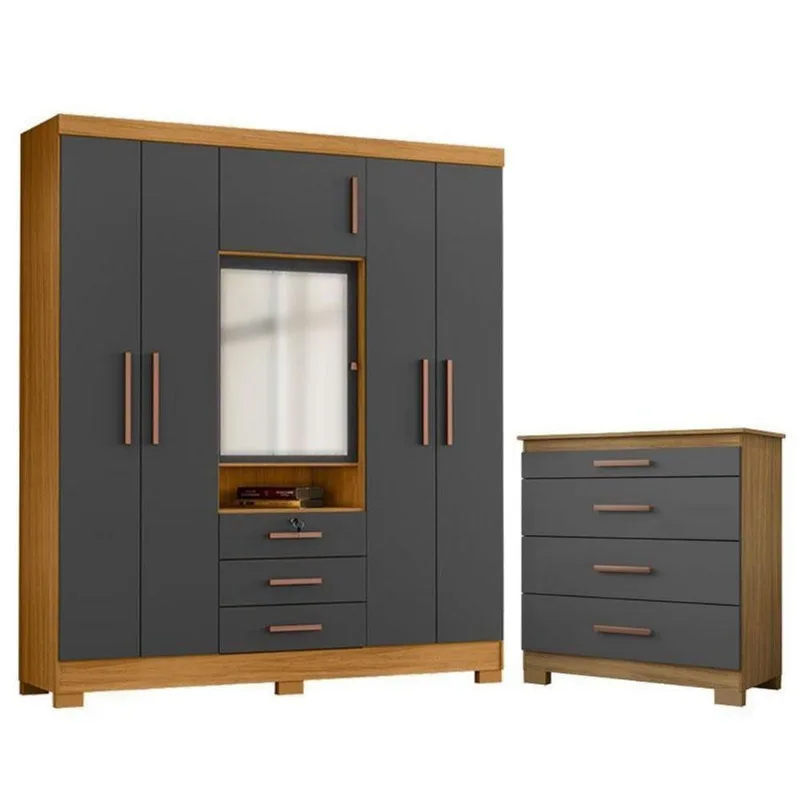 Cômoda 4 Gavetas New E Guarda Roupa Casal Imperial Carvalho Americano Grafite- Incorplac