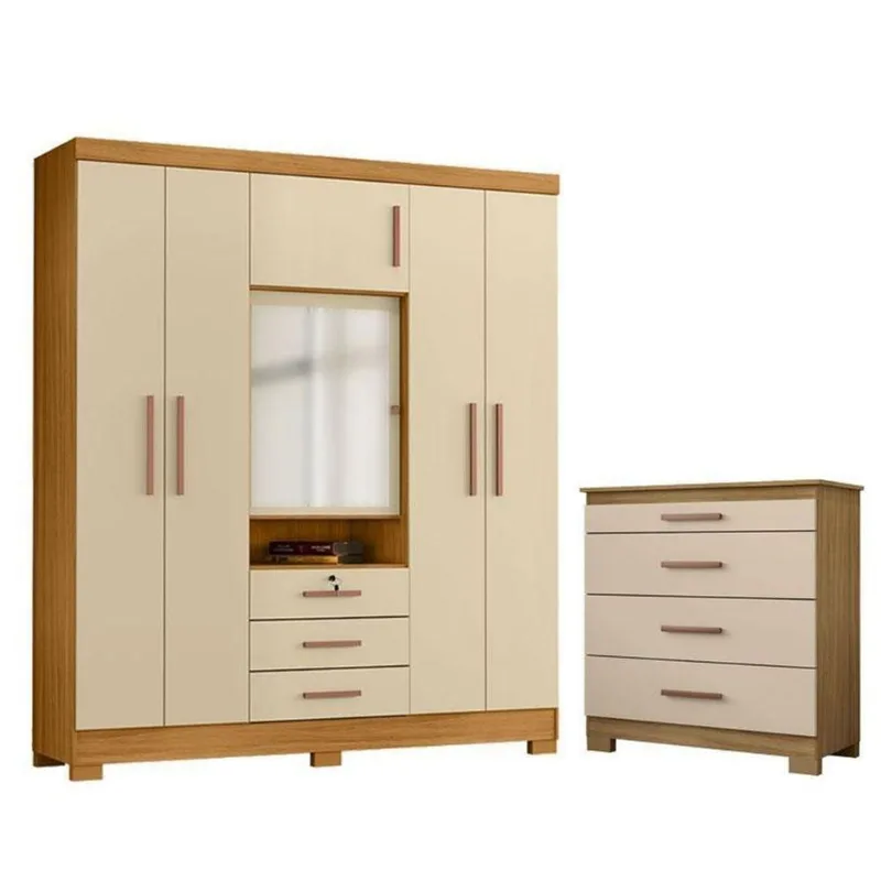 Cômoda 4 Gavetas New E Guarda Roupa Casal Imperial Carvalho Americano Off White - Incorplac