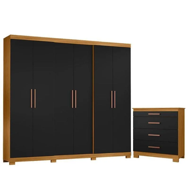 Cômoda 4 Gavetas New E Guarda Roupa Casal San Diego Carvalho Americano Preto - Incorplac