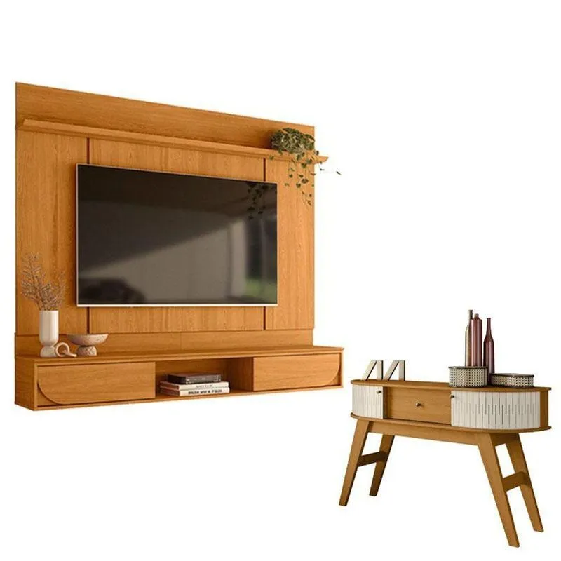 Painel Para Tv Aura Cinamomo Com Aparador Estoril Cinamomo Off White - Madetec