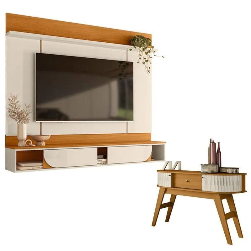 Painel Para Tv Aura Com Aparador Estoril Cinamomo Off White - Madetec