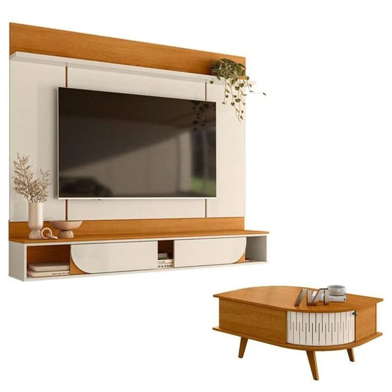 Painel Para Tv Aura Com Mesa De Centro Indianápolis Cinamomo Off White - Madetec