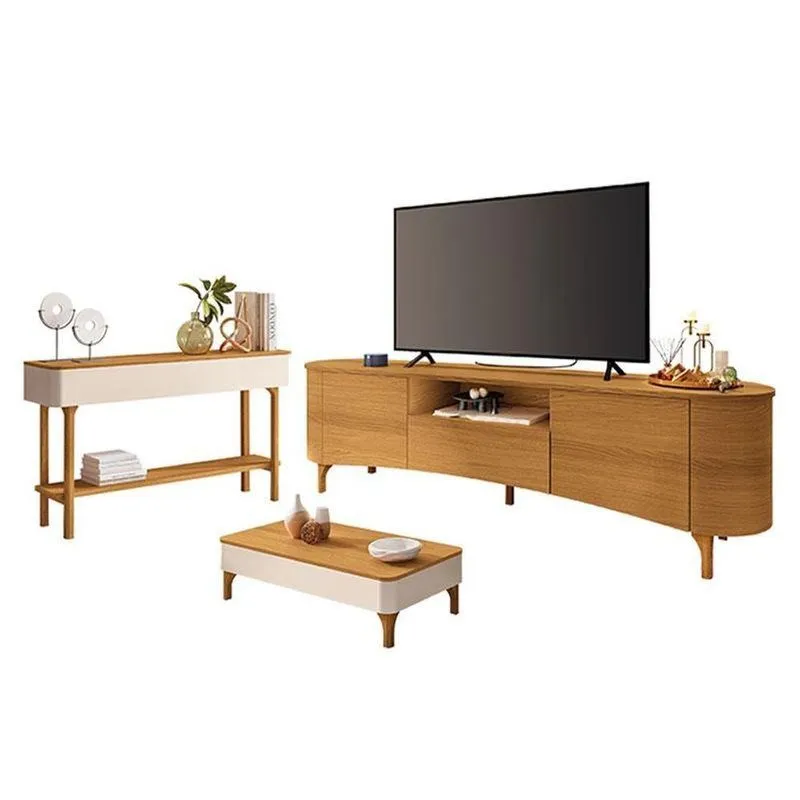 Rack Bancada Elara Cinamomo Com Mesa De Centro Liz E Aparador Fiero Off White Cinamomo - Hb Móveis