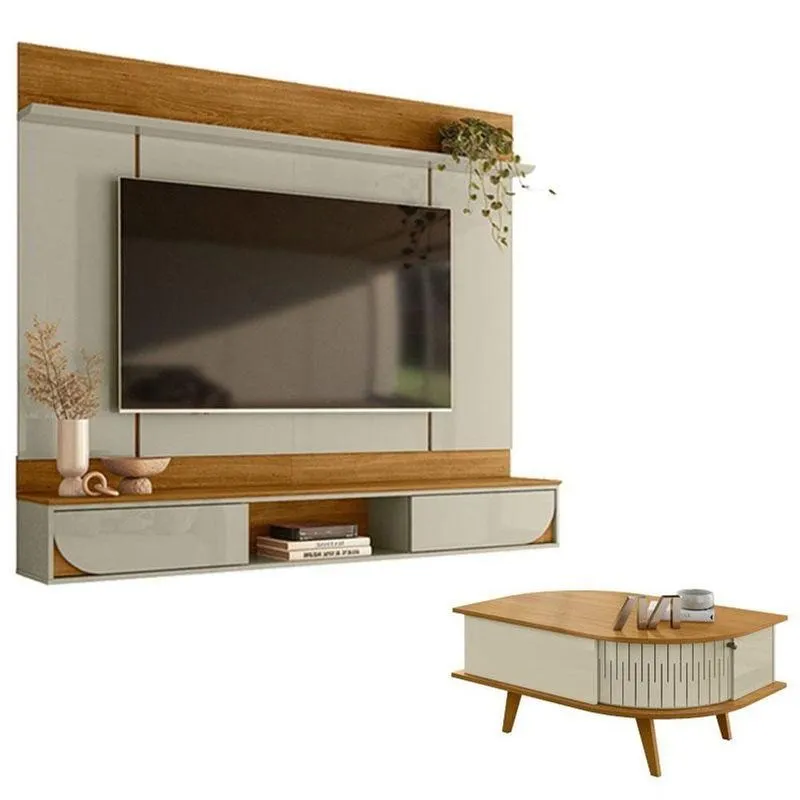 Painel Para Tv Aura Com Mesa De Centro Indianápolis Cumaru Opala - Madetec