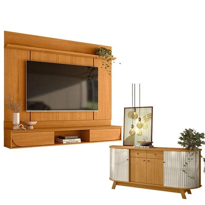 Painel Para Tv Aura Cinamomo Com Aparador Buffet Mônaco Cinamomo Off White - Madetec