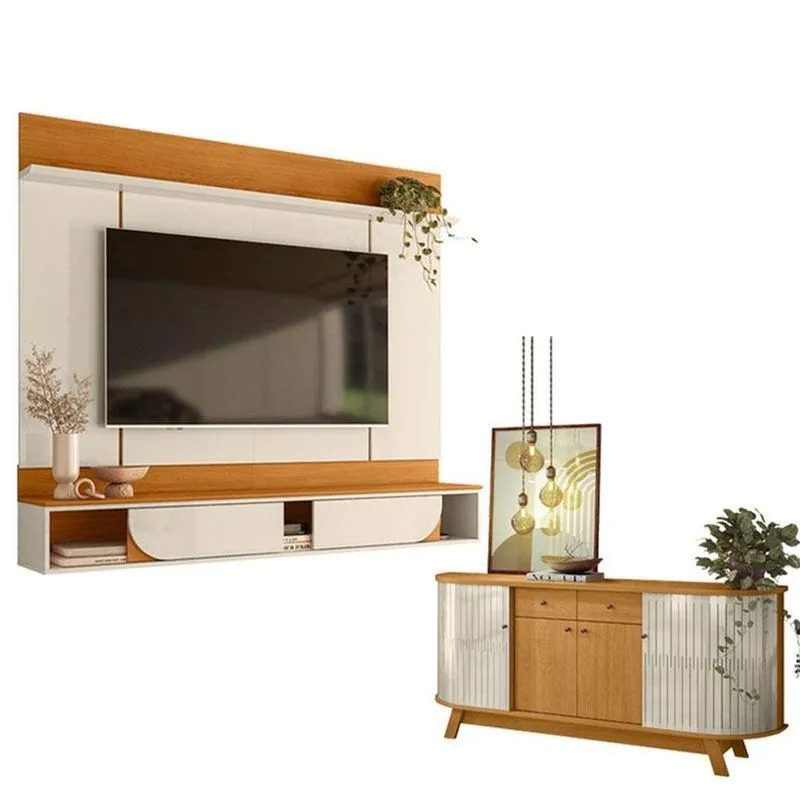 Painel Para Tv Aura Com Aparador Buffet Mônaco Cinamomo Off White - Madetec