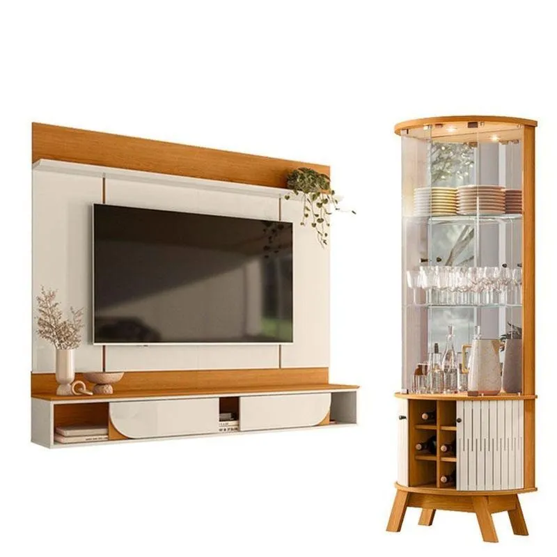 Painel Para Tv Aura Com Cristaleira Marina Cinamomo Off White - Madetec