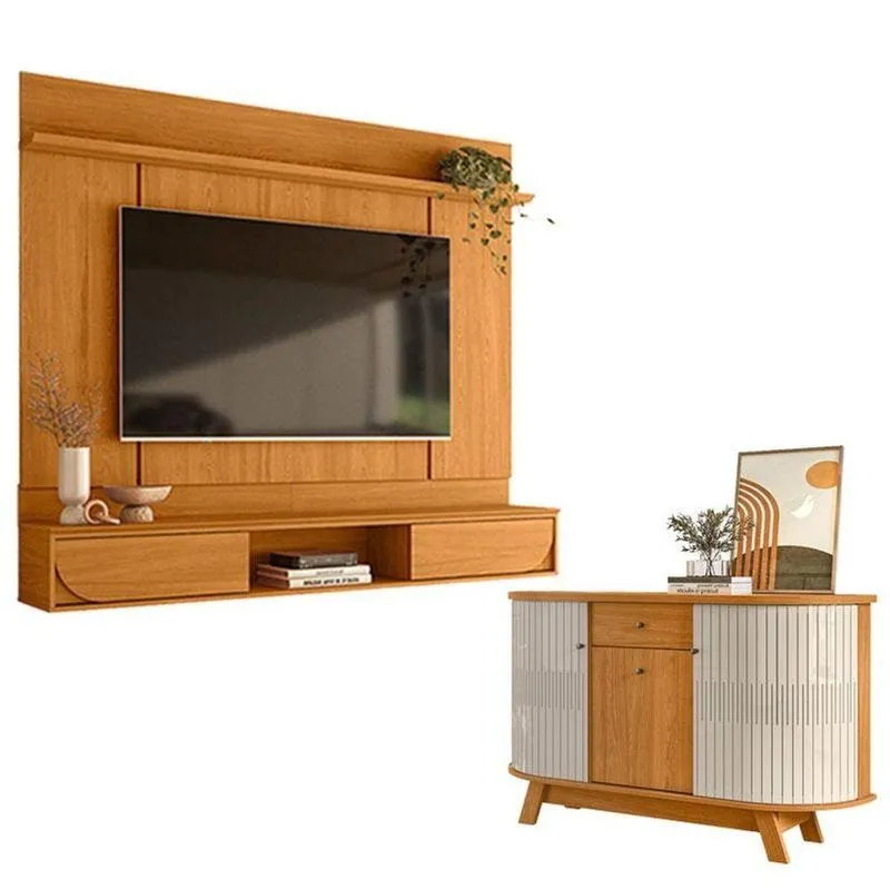 Painel Para Tv Aura Cinamomo Com Aparador Para Sala Buffet Monza Cinamomo Off White - Madetec