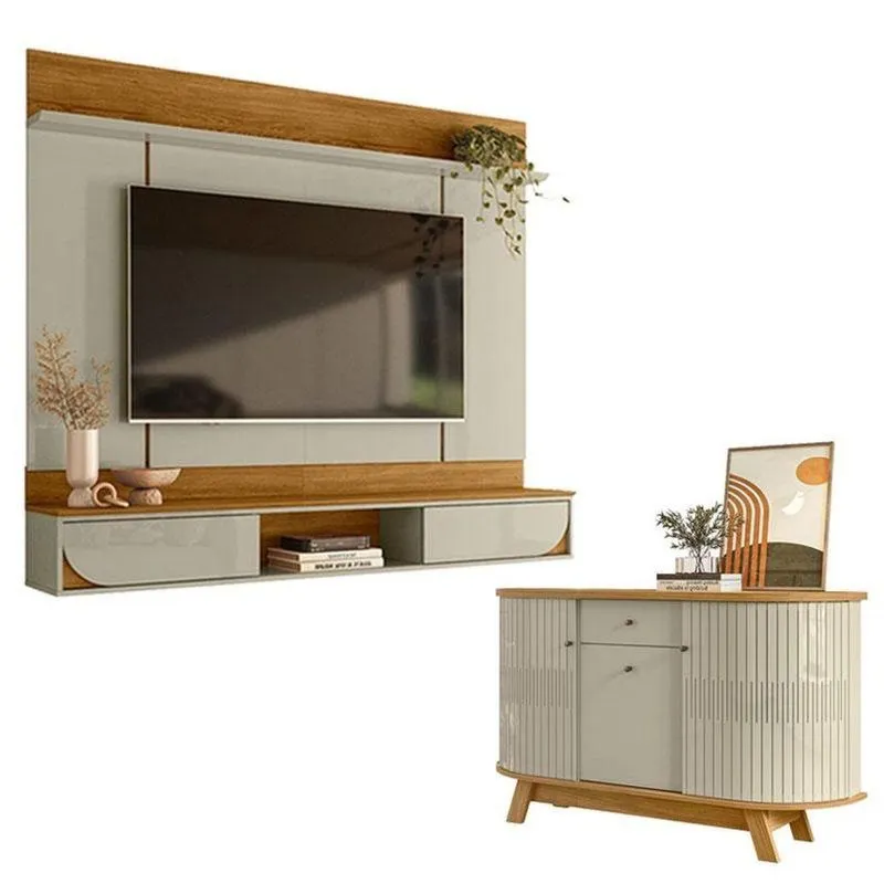 Painel Para Tv Aura Com Aparador De Sala Buffet Monza Cumaru Opala - Madetec