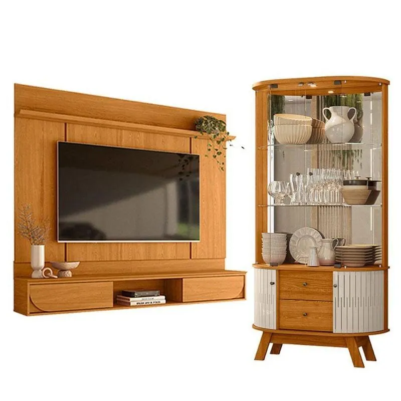 Painel Para Tv Aura Cinamomo Com Cristaleira Moss Cinamomo Off White - Madetec