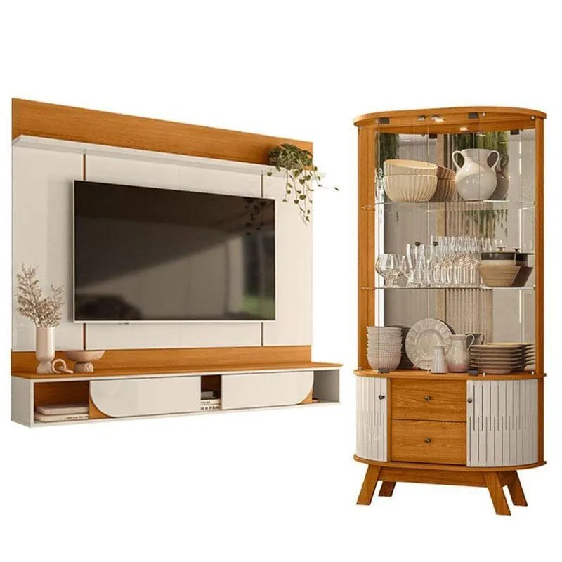 Painel Para Tv Aura Com Cristaleira Moss Cinamomo Off White - Madetec