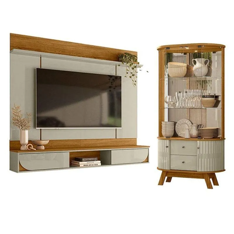 Painel Para Tv Aura Com Cristaleira Moss Cumaru Opala - Madetec