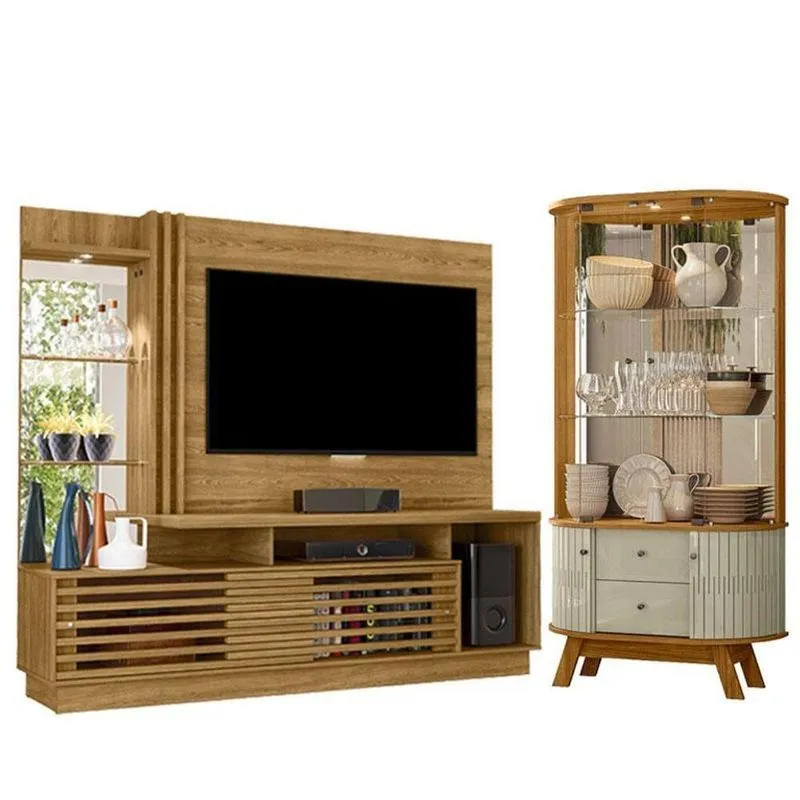 Estante Home Theater Frizz Plus Cumaru Com Cristaleira Moss Cumaru Opala- Madetec