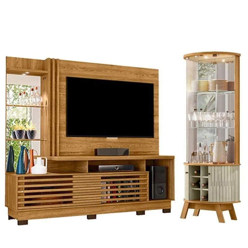 Estante Home Theater Frizz Plus Cumaru Com Pés Com Cristaleira Marina Cumaru Opala - Madetec