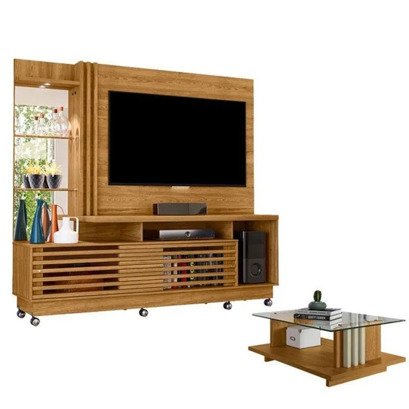 Estante Home Theater Frizz Plus Cumaru Com Rodízios Com Mesa De Centro Frizz Cumaru Opala - Madetec