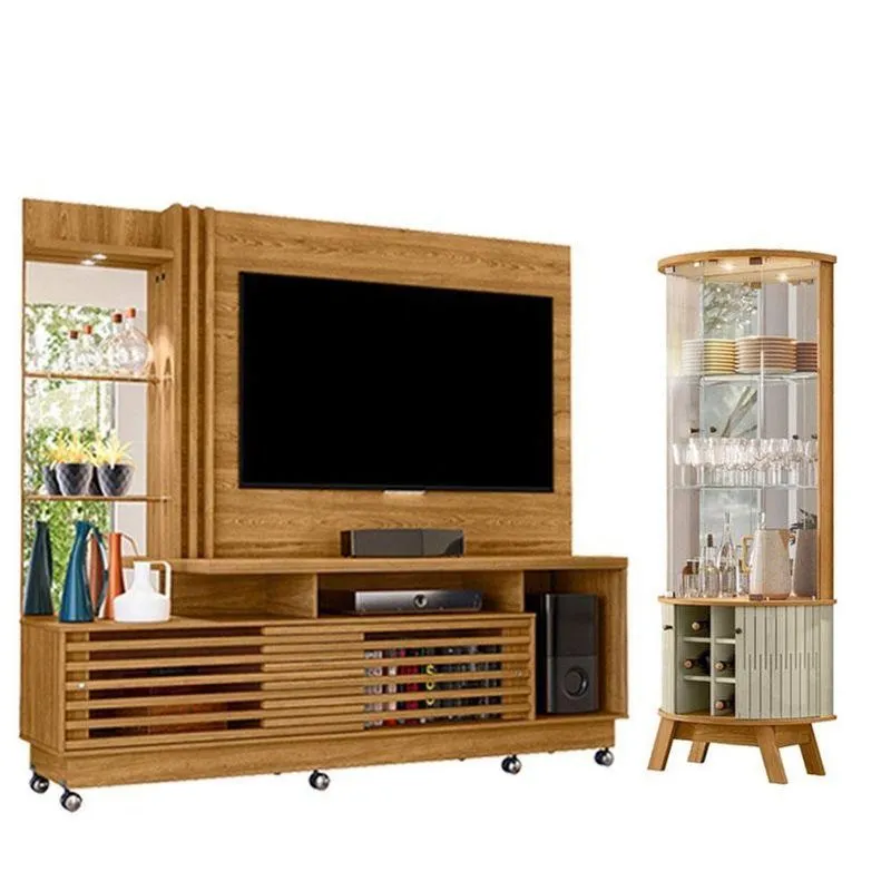 Estante Home Theater Frizz Plus Cumaru Com Rodízios Com Cristaleira Marina Cumaru Opala - Madetec