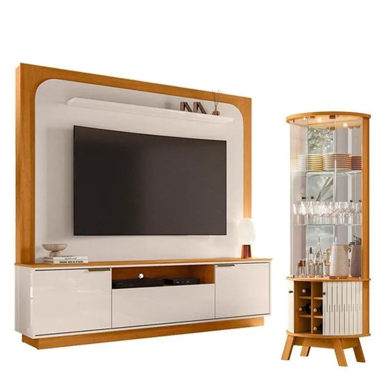 Estante Home Theater Nilo Sem Pés Com Cristaleira Marina Cinamomo Off White - Madetec