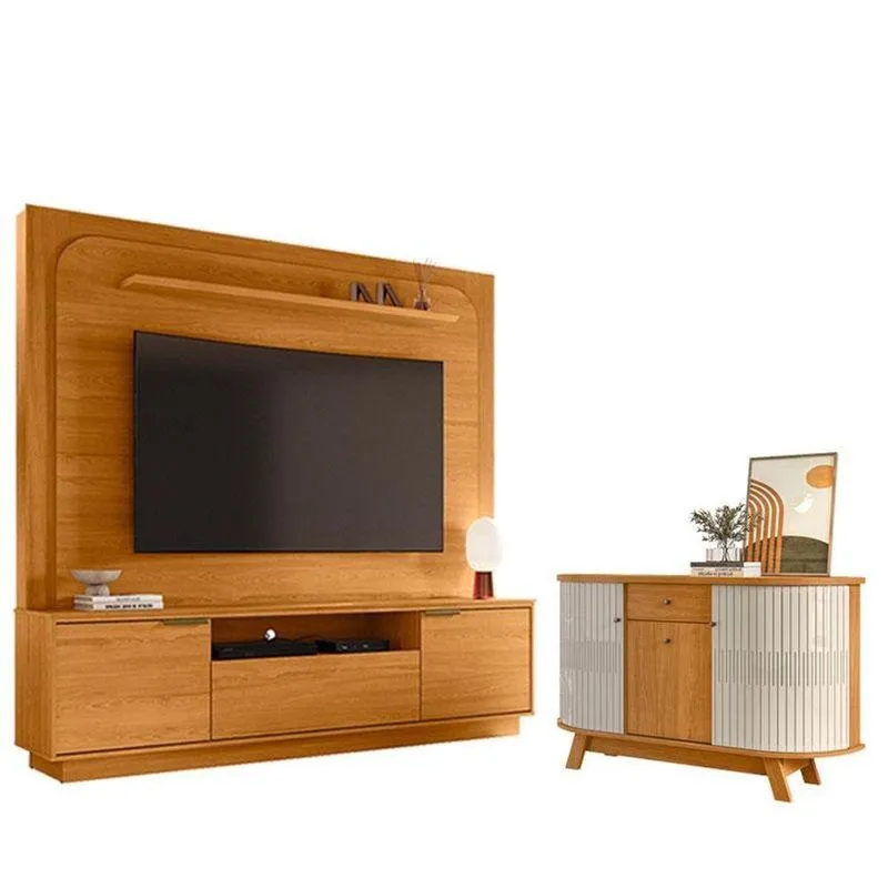Estante Home Theater Nilo Sem Pés Cinamomo Com Aparador Para Sala Buffet Monza Cinamomo Off White - Madetec