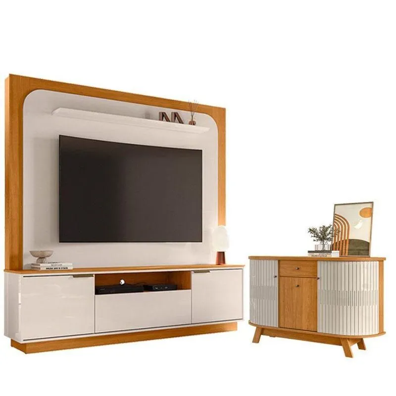 Estante Home Theater Nilo Sem Pés Com Aparador Para Sala Buffet Monza Cinamomo Off White - Madetec
