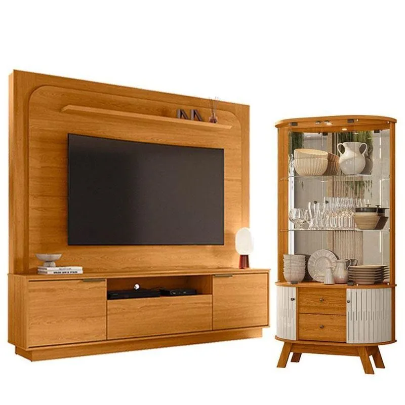 Estante Home Theater Nilo Sem Pés Cinamomo Com Cristaleira Moss Cinamomo Off White - Madetec
